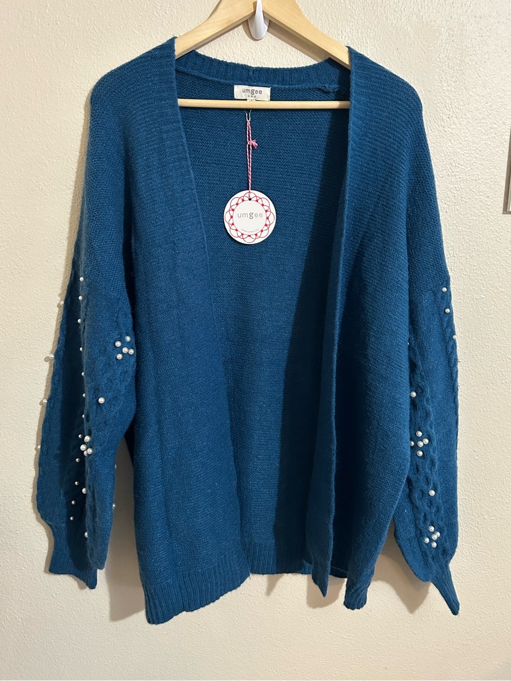 Umgee Teal Blue Open Front Cardigan Pearl Sleeve Oversized Slouchy Size Small